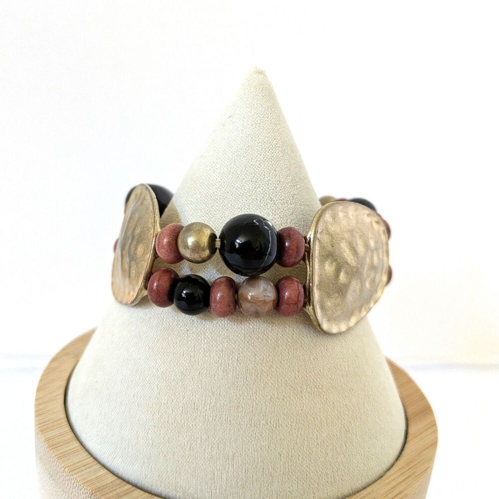 Chunky Hammered Gold Tone Panel Stretch Bracelet Faux Stones Beads 7" - Picture 7 of 9